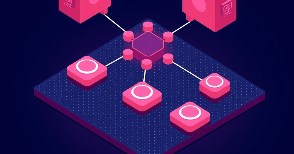 Isometric hexagonal hub wired to four ring-marked pads and two overhead modules, mirroring how Klipper splits motion work between host and board