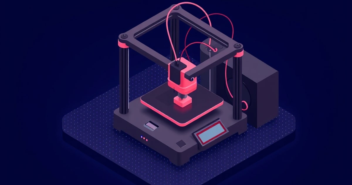 Flat isometric illustration of a black 3D printer with a glowing pink print bed, coiled pink filament tubes and a blank blue LCD on a dotted slab.