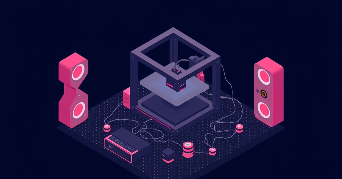 Flat isometric illustration of a purple 3D printer flanked by two pink speaker cabinets and a control box, cables running to pink pucks on a navy slab.