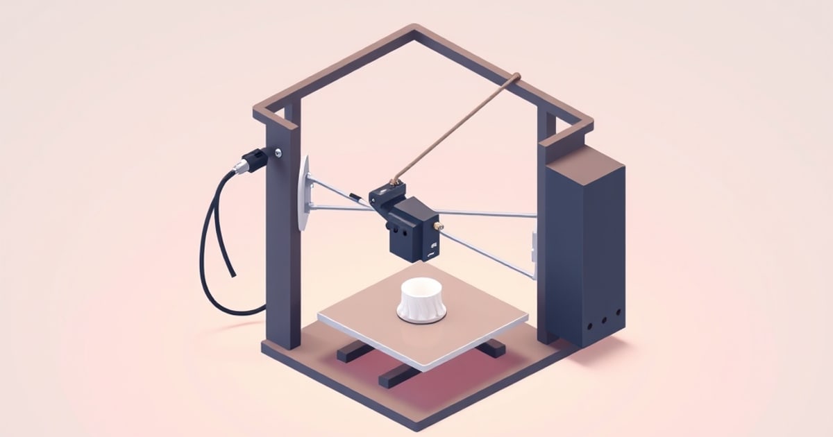 Isometric 3D printer with a dark frame, side control box and print head hovering over a bed holding a small white printed cup on a pale pink backdrop