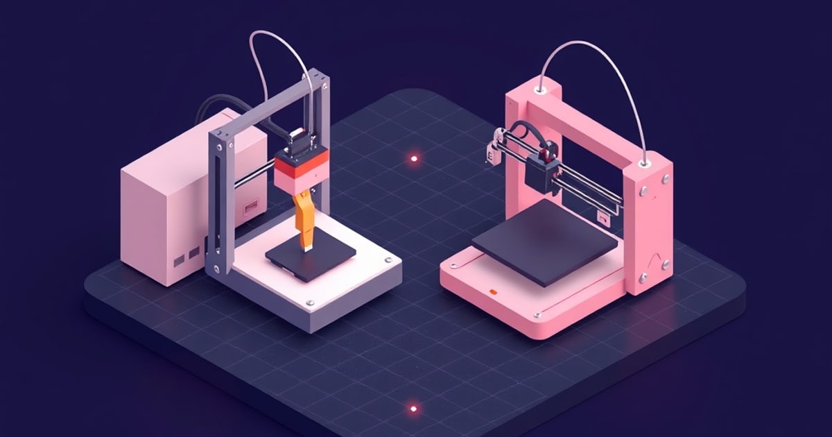 Flat isometric illustration of two 3D printers side by side, one grey with an orange hotend and one pink, on a dark purple grid platform.