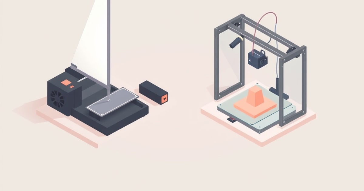 Isometric drawing of two 3D printer setups on pale platforms, a dark boxy machine with a fan beside an open-frame printer building an orange part